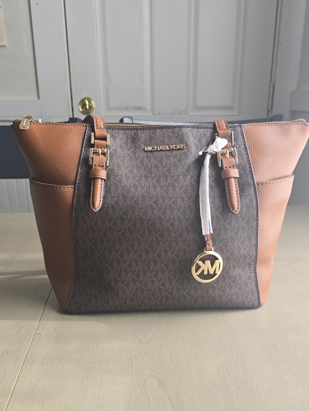 Michael Kors Brown and Tan Signature Tote with Gold Charm